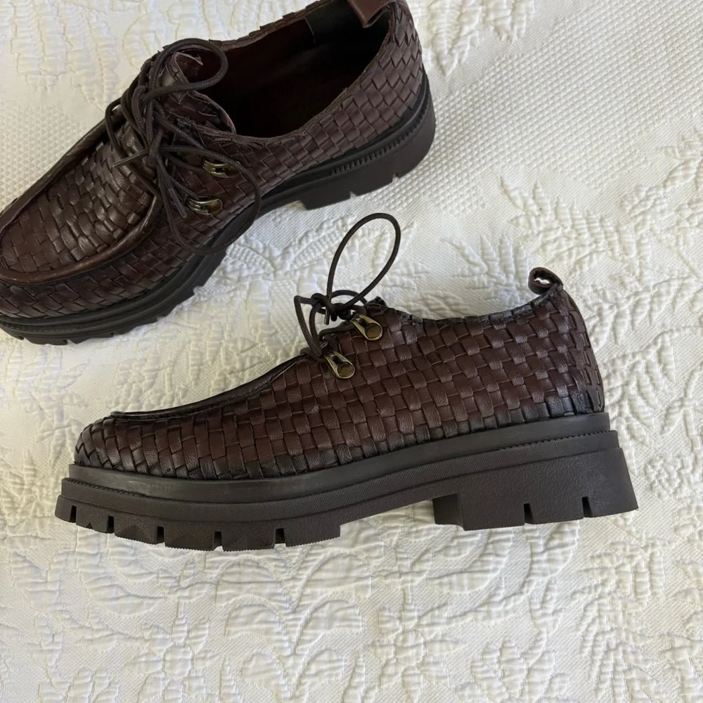 Vintage Foundry Clotilde chunky loafer Women’s 9 brown leather woven platform - Picture 7 of 16